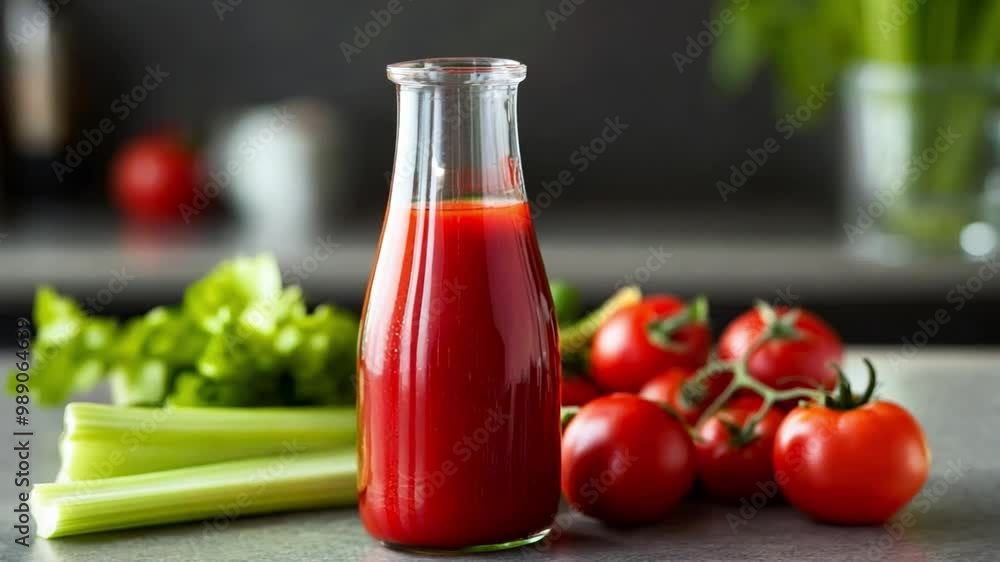 A bright glass bottle filled with fresh tomato juice surrounded by ripe tomatoes and fresh celery on a kitchen countertop in the morning light A bright glass bottle filled with fresh tomato juice surrounded by ripe tomatoes and fresh celery on a kitchen countertop in the morning light