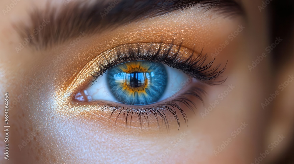 Obraz premium extreme closeup of mesmerizing female eye intricate iris detail long lashes subtle natural makeup soft diffused lighting enhances depth and color