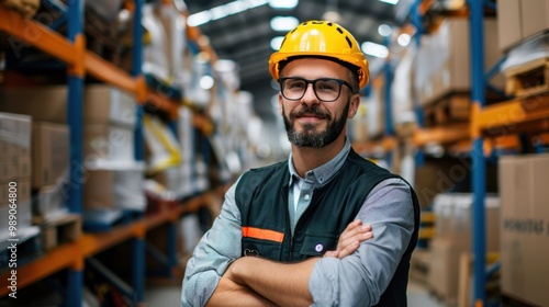 Worker in Warehouse with Safety Helmet and Equipment