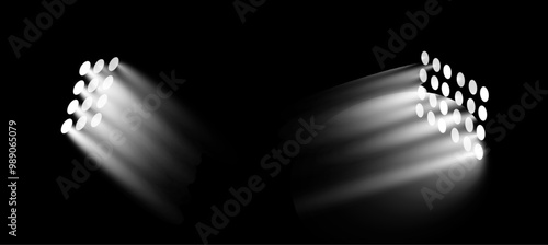 Directional lights for stage, concert or performance, arena or football stadium. Vector isolated set of realistic lamps for theater or cinema, presentation or club. Entertainment scene illumination