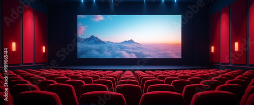 Screen of a movie theater seen from directly in front without people, Subjective view from a seat