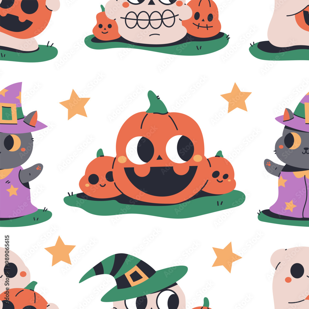 Fototapeta premium Halloween yard decorations vector cartoon seamless pattern background.