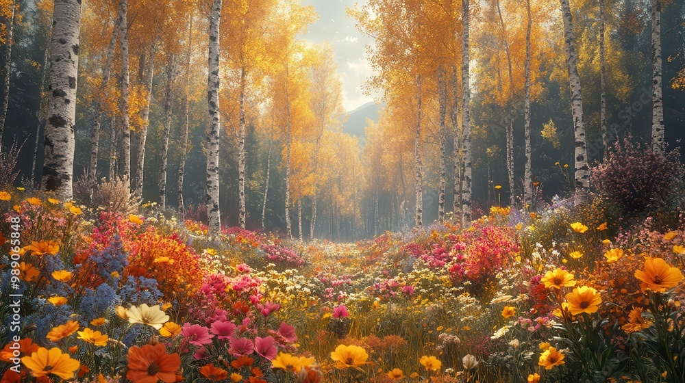 Obraz premium fantastical forest panorama seamless blend of seasons featuring autumnal pine trees alongside vibrant summer wildflowers dreamy surreal landscape with impossibly lush and diverse flora