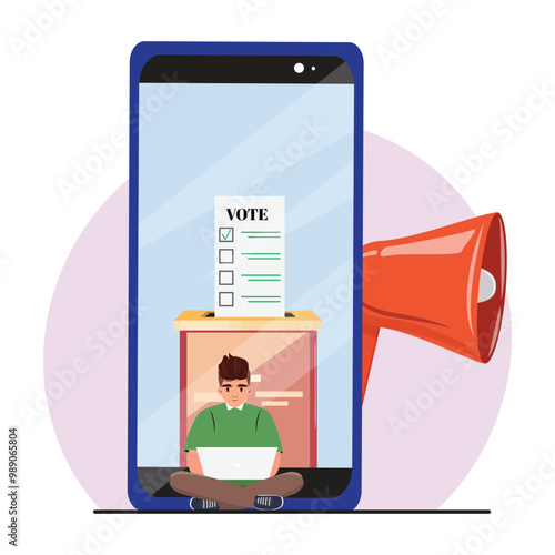 Seated man working on laptop, large cellphone with vote document and megaphone symbolising online voting and election news