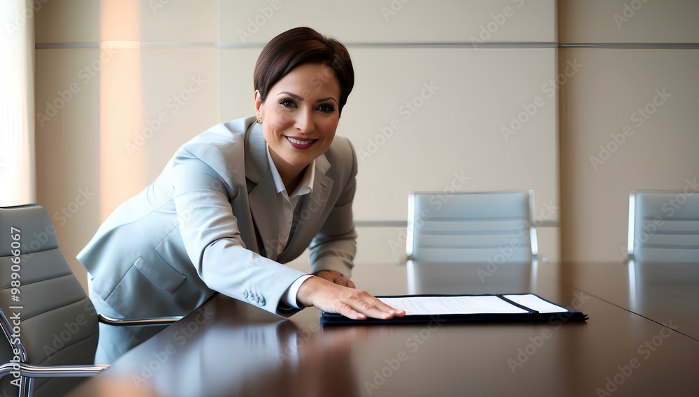 Confident Recruiter in Light Gray Suit Extends Job Contract at Modern Conference Table Confident Recruiter in Light Gray Suit Extends Job Contract at Modern Conference Table