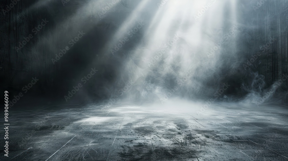 A dimly lit space with beams of light and mist, creating an atmospheric scene. A dimly lit space with beams of light and mist, creating an atmospheric scene.