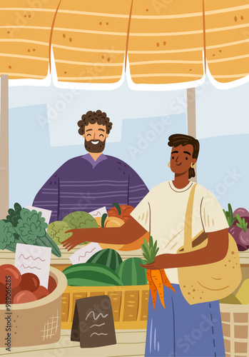 Farmer market in town, farm homegrown organic products and ingredients. Vector man at stall or kiosk selling watermelons and carrots, tomatoes and pumpkins. Vendor talking to buyer and smiling