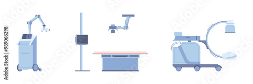 Medical diagnostic device for hospital. Vector isometric low poly medicinal clinical equipment, healthcare system and monitoring. Tomography and ultrasound scanner, xray or fluorography