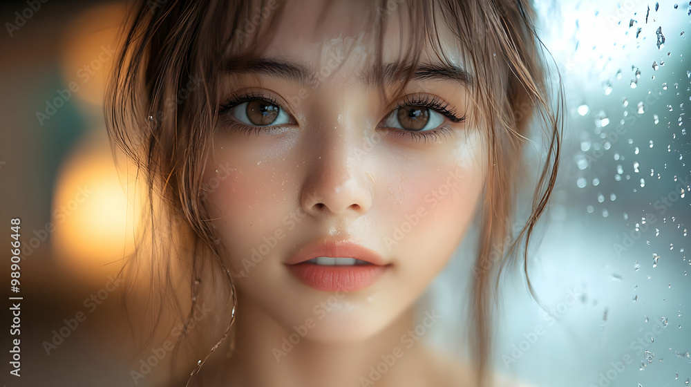 Close-Up Portrait of a Woman with Wet Hair and Rain Droplets on Glass Close-Up Portrait of a Woman with Wet Hair and Rain Droplets on Glass