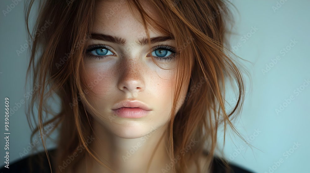 Close-up Portrait of a Woman with Freckles and Blue Eyes Close-up Portrait of a Woman with Freckles and Blue Eyes