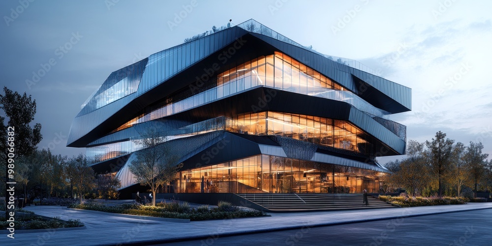 Modern Glass and Steel Office Building with Illuminated Windows at Dusk Modern Glass and Steel Office Building with Illuminated Windows at Dusk