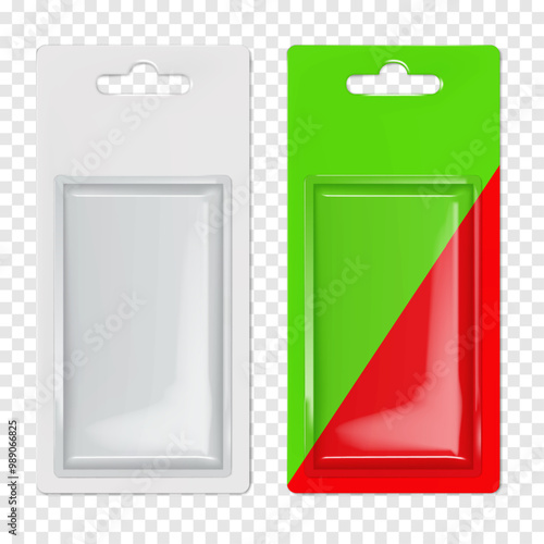 Hanging cardboard and clear plastic rectangle blister box. Realistic 3d vector mock-up. Blank rectangular individual sleeve packaging with euro hole hanger. Mockup. Easy to edit. Template for design