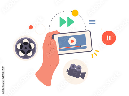 Smartphone screen with video application, flat cartoon vector illustration. Isolated hand with mobile phone display showing movie or film streaming. Entertainment and fun with online services