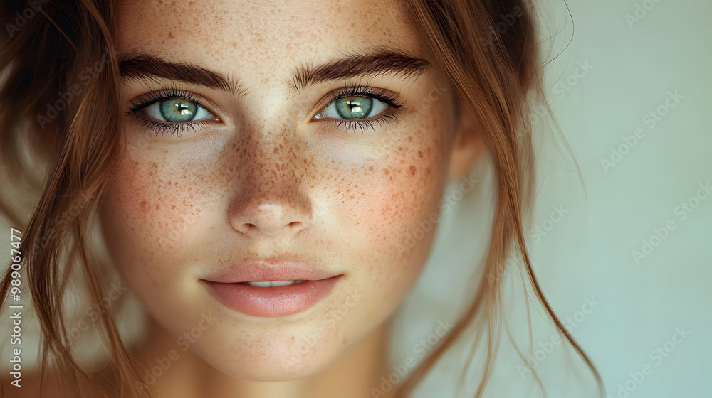 Close Up Portrait of a Woman with Freckles and Green Eyes Close Up Portrait of a Woman with Freckles and Green Eyes
