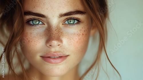 Close Up Portrait of a Woman with Freckles and Green Eyes