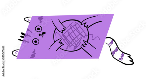 Parallelogram in form of cute cat holding yarn ball. Vector isolated funny geometrical shaped kitty character for kids preschool education. Quadrangle personage with ears, tail and paws