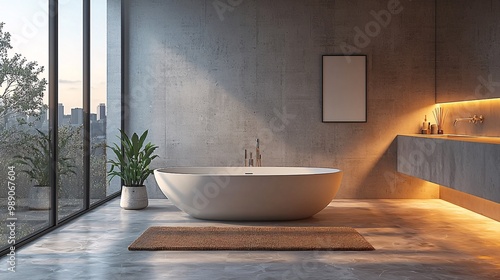 Modern Bathroom Interior with Freestanding Bathtub Concrete Wall and City View