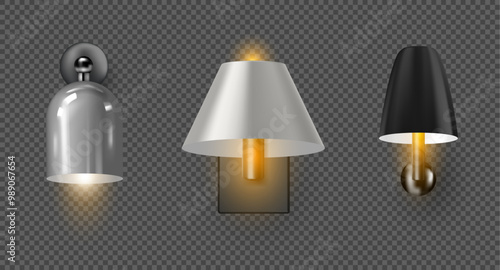 Sconces with lampshades. Vector isolated set of realistic wall lights for exterior and interior design. Illuminating bright electrical bulbs for glowing in loft apartments or classic homes styles