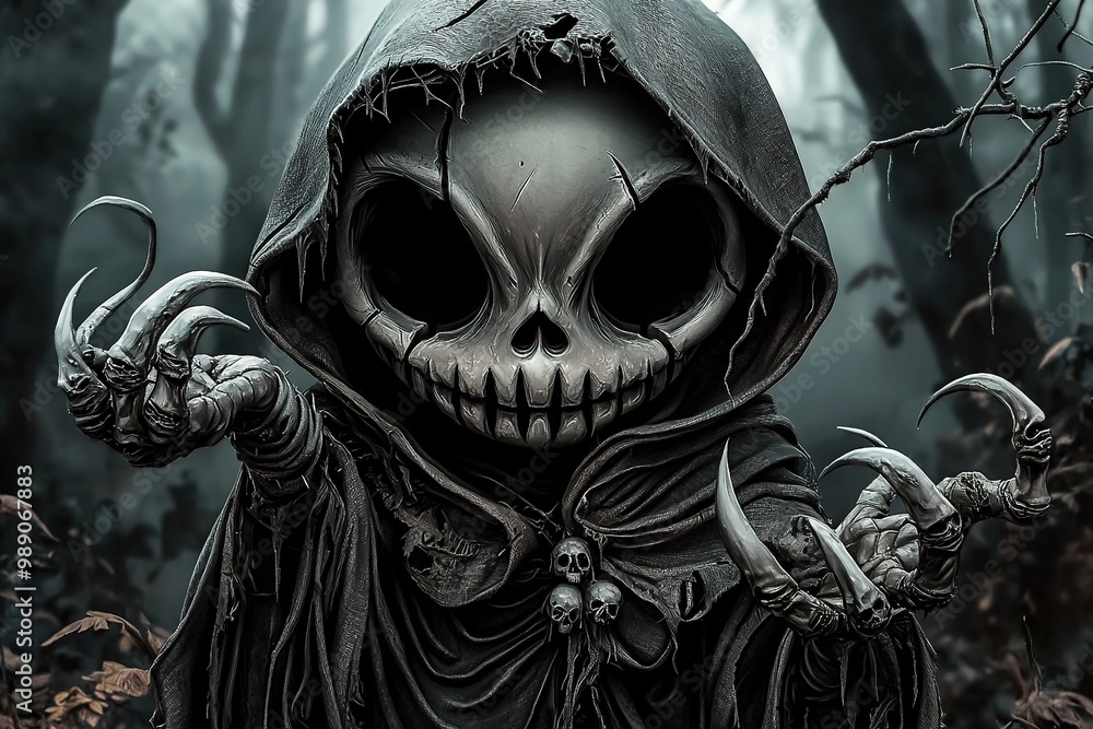 Naklejka premium Grim Reaper in enchanted evil forest. Magical eerie ambience. Ai Generative