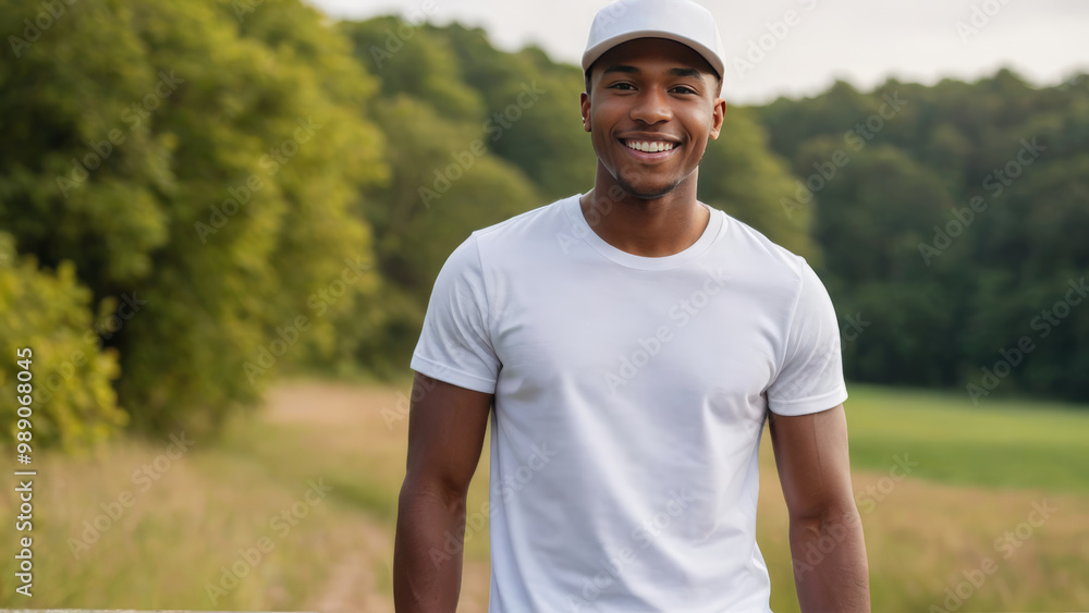 Young black man wearing white t-shirt and white baseball cap standing in nature Young black man wearing white t-shirt and white baseball cap standing in nature
