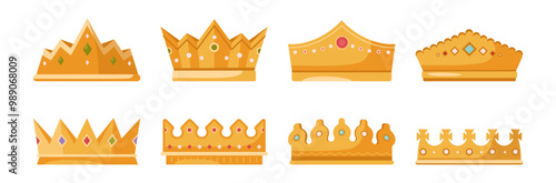 Crowns with gemstones and gold. Vector isolated flat coronets and diadems for royal family members. Queen or king, princess and prince headwear. Coronation and monarchy power imperial symbol