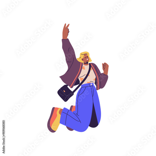 Teenage girl wearing stylish modern clothes and accessories, flat cartoon vector illustration. Isolated jumping woman in jacket and trousers, with cross body bag and massive footwear