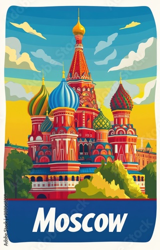 Stylized modern vector artwork showcasing the colorful architecture of Moscow with vibrant domes and a bright sky photo