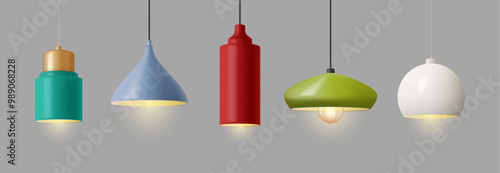 Ceiling lamps, living rooms lighting equipment, glowing objects with colorful plafonds, vintage kitchen lightening devices. Vector modern illumination devices, lightening equipment