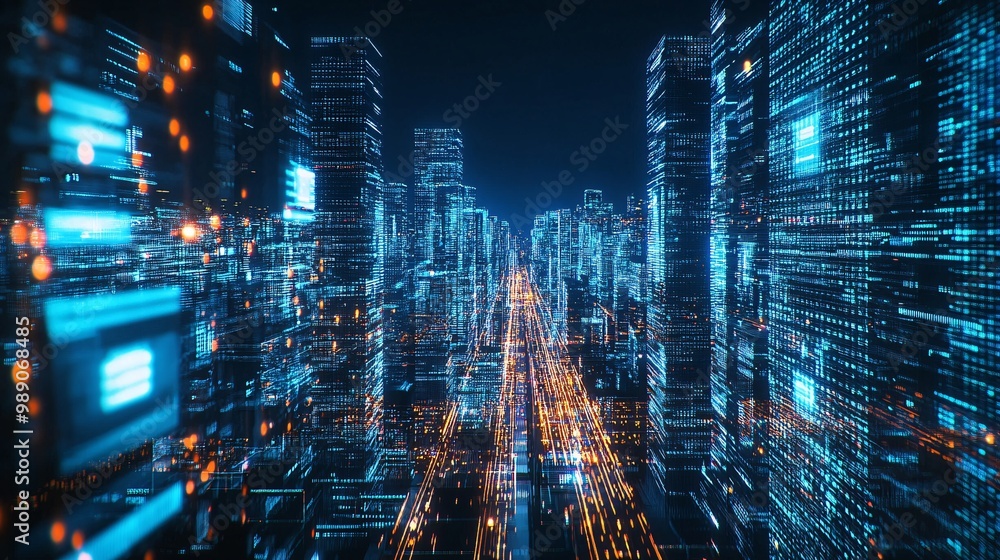 Futuristic Cityscape with Glowing Digital Buildings and Data Streams Futuristic Cityscape with Glowing Digital Buildings and Data Streams
