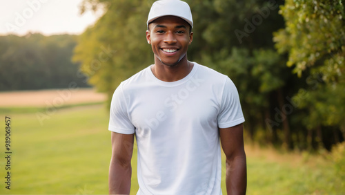 Young black man wearing white t-shirt and white baseball cap standing in nature