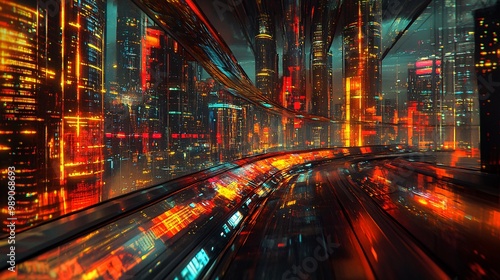 Futuristic Cityscape with Illuminated Towers and Neon Lights