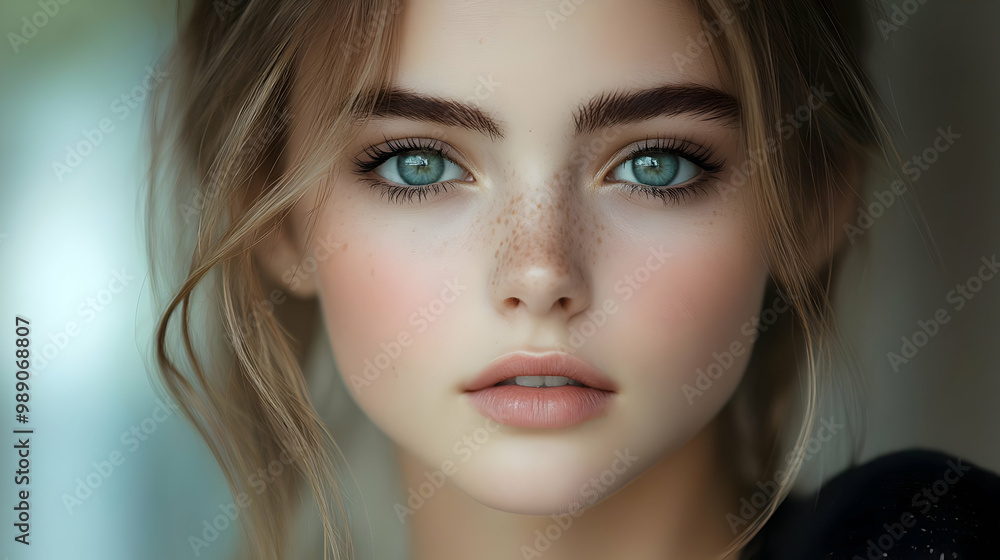 Close-Up Portrait of a Woman with Freckles and Blue Eyes Close-Up Portrait of a Woman with Freckles and Blue Eyes
