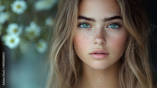 Close-Up Portrait of a Young Woman with Freckles and Blue Eyes