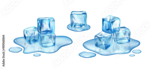 Melted ice cubes of cold water, iced blocks on white background. Ice cubes of cold water in 3D realistic design. Vector cold ice for alcohol cocktails, coffee and juice refreshing drinks