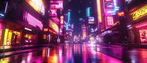 A vibrant, neon-lit urban street scene reflecting a futuristic city atmosphere.