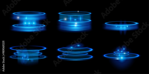 Blue portals with glowing futuristic elements, hologram. Vector isolated set of podiums for presentation. UI elements or virtual reality, metaverse design and teleportation effect for game