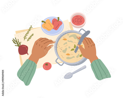 Hands cooking soup with vegetables, chef cook and bowl with hot dinner flat cartoon vector illustration. Top view of kitchen utensils, mixing food in casserole by spoon, tasty recipe
