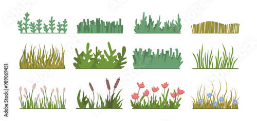 Blooming flowers and green grass horizontal lines or borders. Vector flat lawn, garden or yard decoration, fresh foliage and weed, seasonal summer or spring herbal design for ecological land