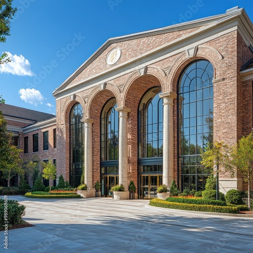 Brick Building with Arched Windows and Glass Doors