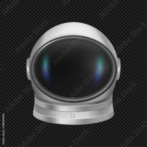Astronaut helmet, isolated realistic cosmonaut mask with clear glass for space exploration and flight in cosmos. Vector part of overall suit for protection spaceman head from impacts and radiation