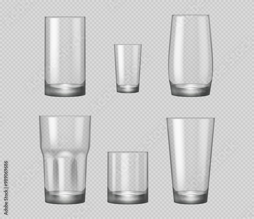 Empty glasses for juice and alcohol drinks isolated on transparent background. Vector empty glass cups for water, beer and cocktails, clean kitchenware and glassware items