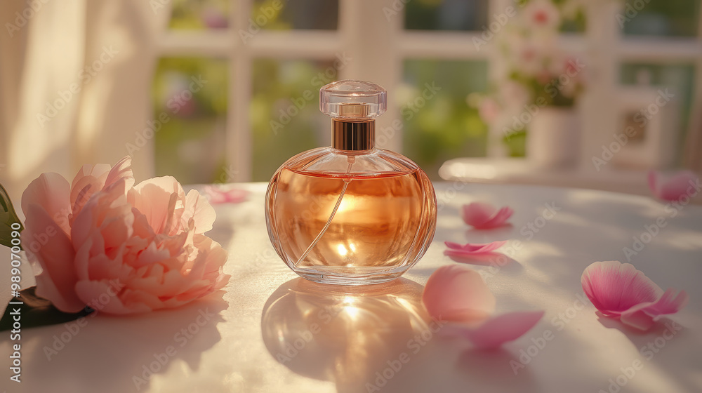 A bottle of perfume is sitting on a table next to a vase of pink flowers. The bottle is clear and has a gold cap. The scene is elegant and romantic A bottle of perfume is sitting on a table next to a vase of pink flowers. The bottle is clear and has a gold cap. The scene is elegant and romantic