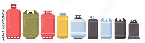 Canisters for storage gas or petroleum. Vector isolated set of bottles with copy space for brand. Propane butane, industrial chemical substances. Nitrogen, carbon dioxide, helium tanks kit