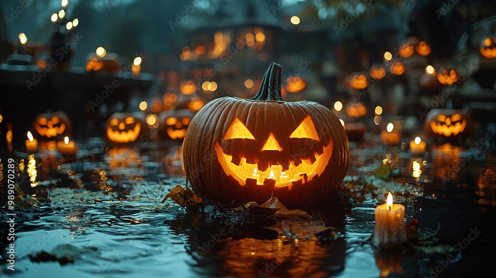 Illuminated Jack o Lantern Floating in Water with Candles on Halloween Night Illuminated Jack o Lantern Floating in Water with Candles on Halloween Night