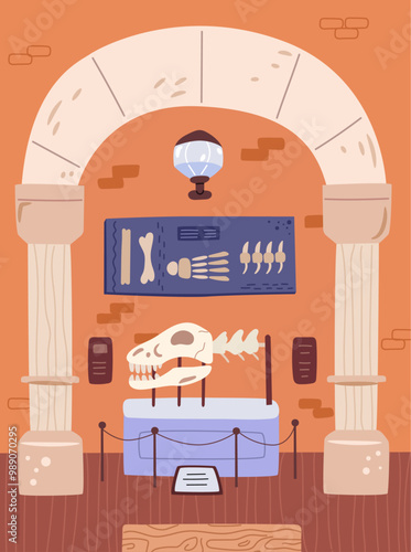 Museum room interior of prehistoric dinosaurs exposition. Vector illustration of paleontology expo, jurassic period dinosaur bones, paleontology museum excursion flat cartoon background
