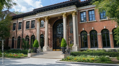 A grand brick mansion with a large entranceway and manicured landscaping