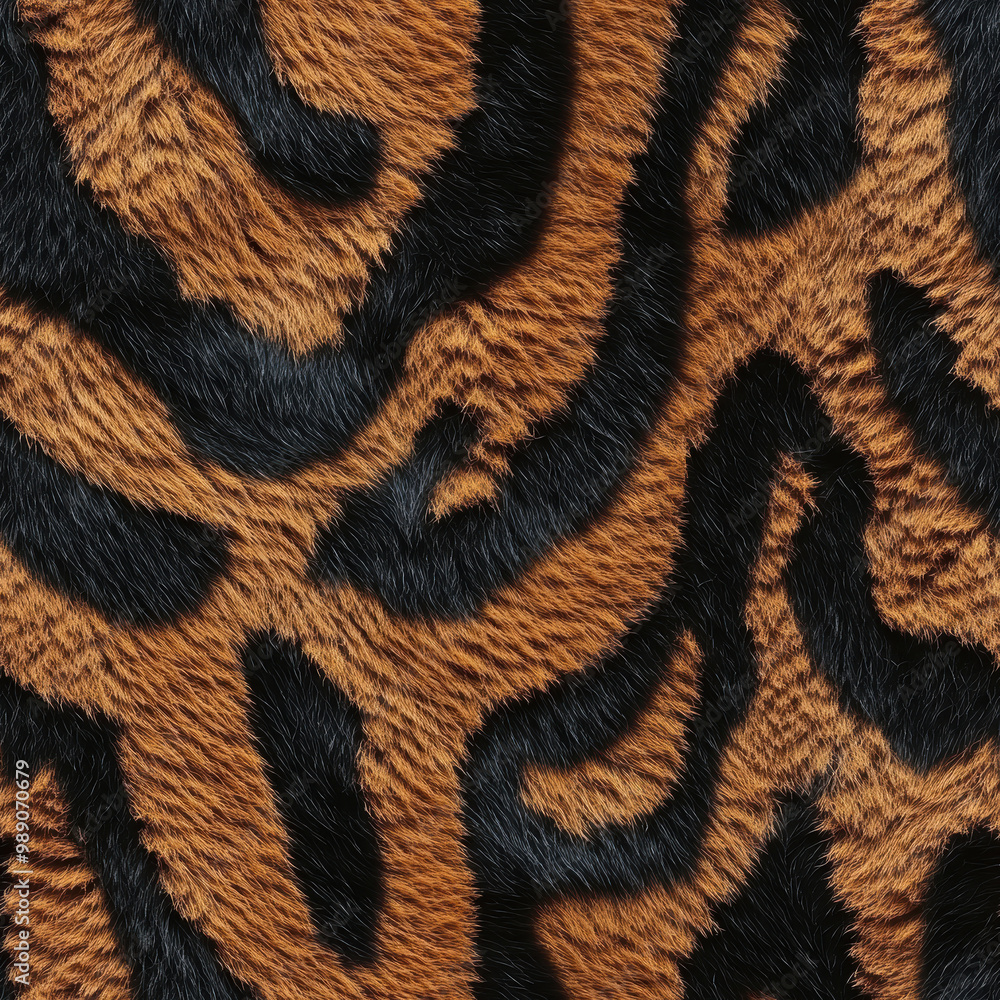 Fototapeta premium A close up of a tiger's fur with black and brown stripes. The fur is very thick and fuzzy, giving the impression of a warm and cozy texture. Concept of wildness and untamed nature