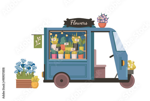 Florist store, isolated tuck mobile kiosk selling floral composition to clients. Vector flower shop with potted plants for home and vases with bouquets for presents. Business and floristry hobby
