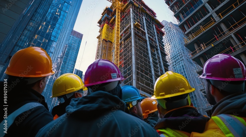 custom made wallpaper toronto digitalWorkers observe a high-rise construction site, highlighting teamwork and safety in industry.