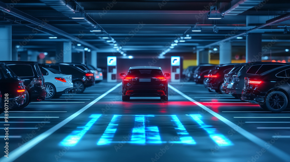 A modern parking lot featuring an automated system directing vehicles with illuminated markings. scene captures sleek car surrounded by various parked vehicles, showcasing advanced technology and urba A modern parking lot featuring an automated system directing vehicles with illuminated markings. scene captures sleek car surrounded by various parked vehicles, showcasing advanced technology and urba